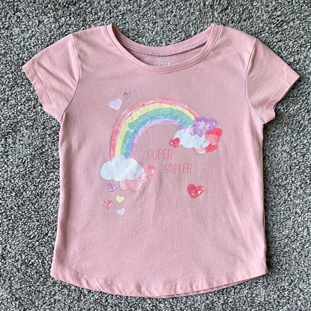Falls Creek Kids Toddler Girls 4T Pink “Super Sister” Rainbow T-Shirt